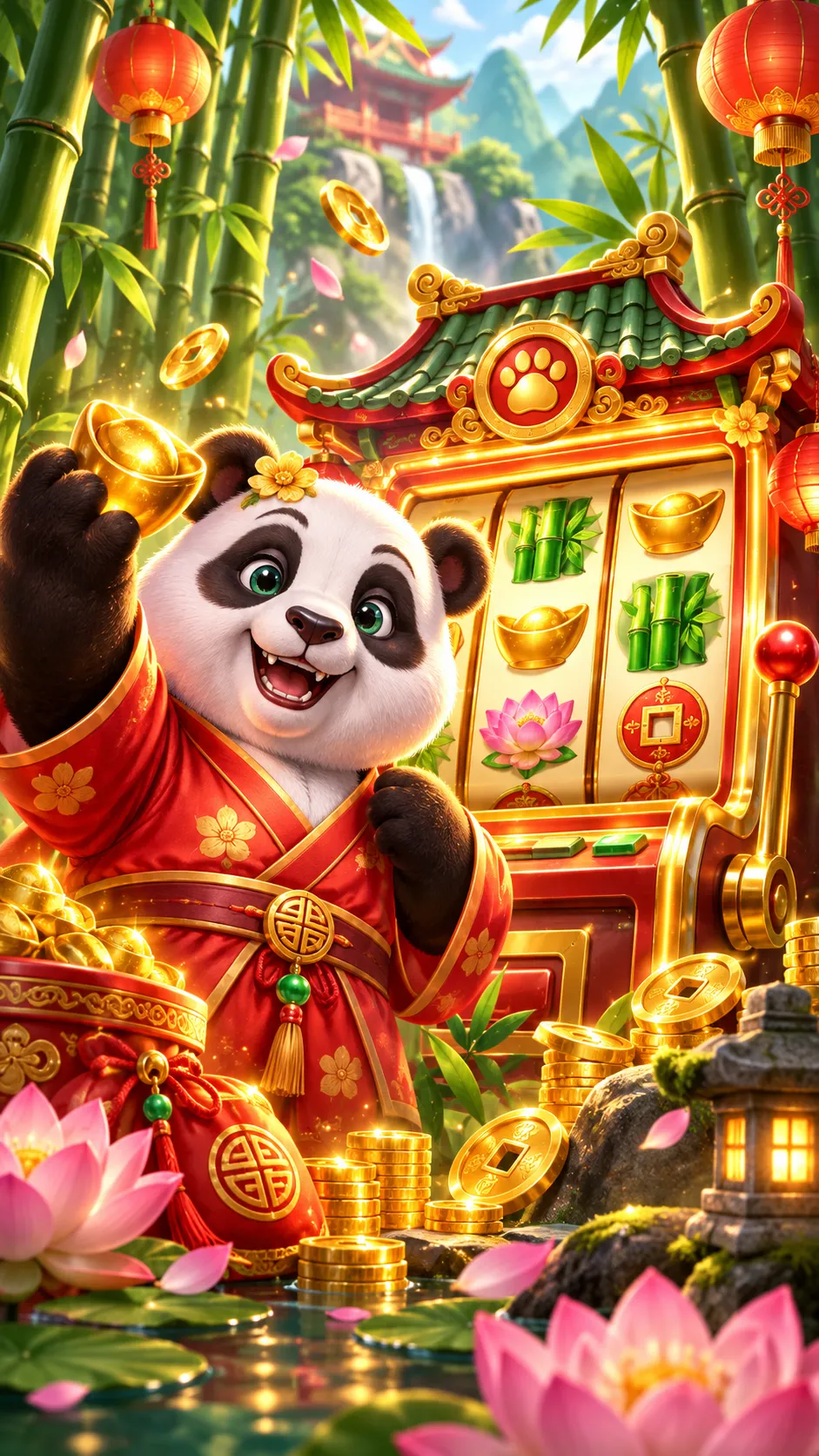 Ilustração vertical com panda e gráficos abstratos em estilo laboratório