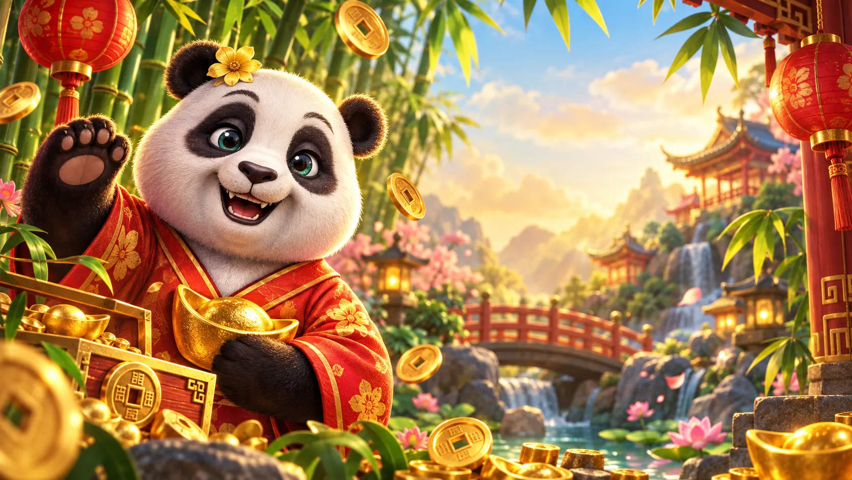 Ilustração de um panda em cenário técnico com elementos de dados e bambu